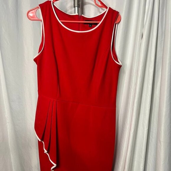 🔥 Glamour Red Sheath Dress w/ White Trim Size 12 — Asymmetrical Ruffle MSRP $89 - Picture 4 of 8